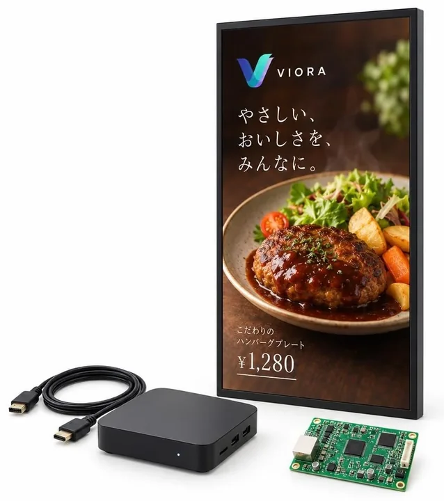 サイネージ用の縦型ディスプレイとプレーヤー。料理のポスターを表示