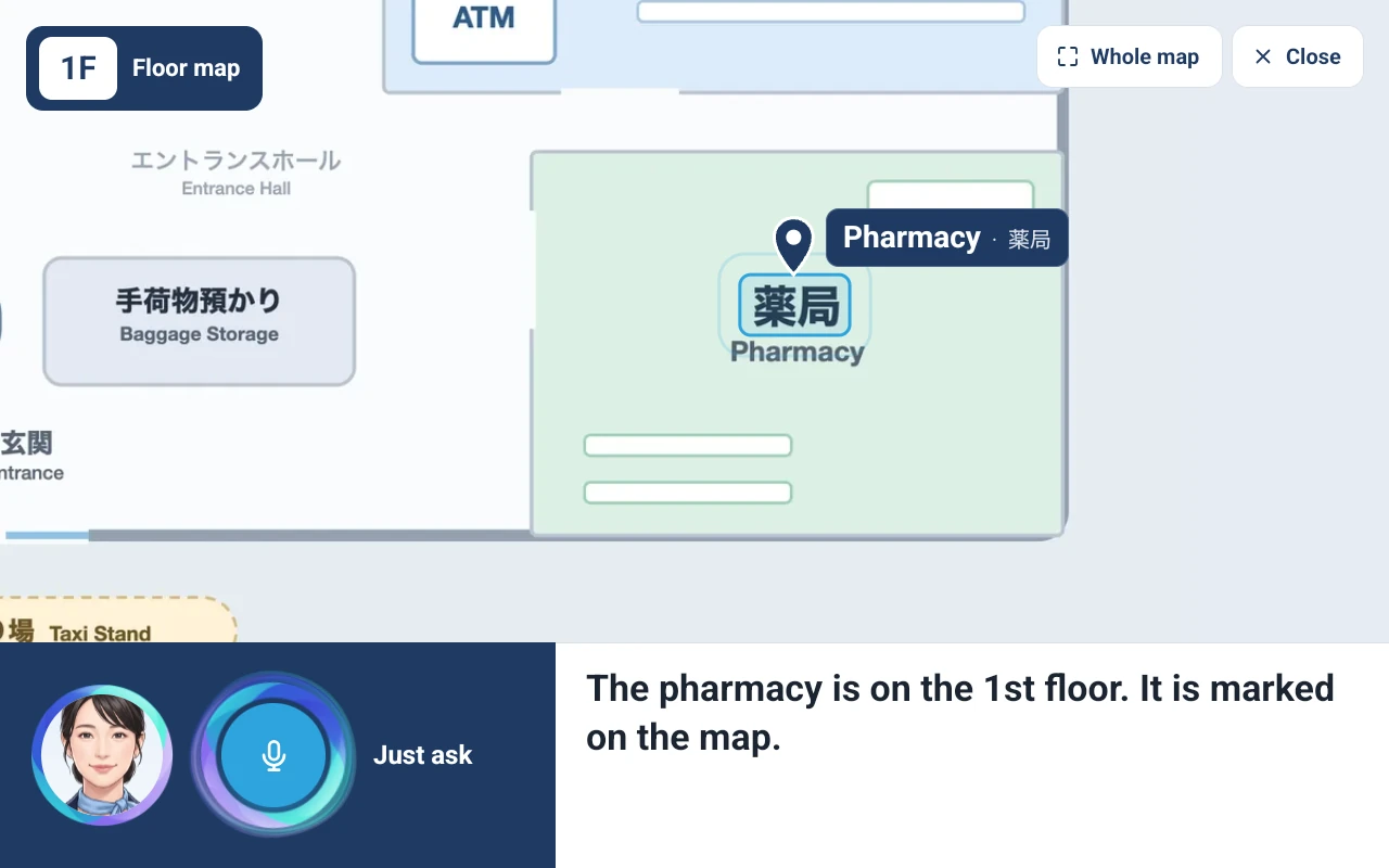 相手画面のフロアマップ。薬局の位置に印と名前、下に AI 案内係の回答「The pharmacy is on the 1st floor.」