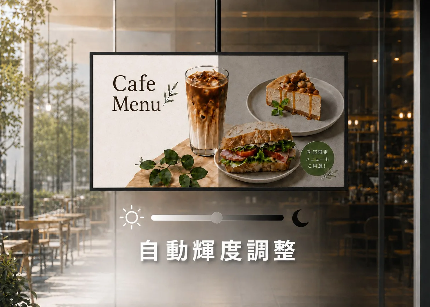 カフェの窓面で周囲に合わせて画面の明るさを調整するイメージ
