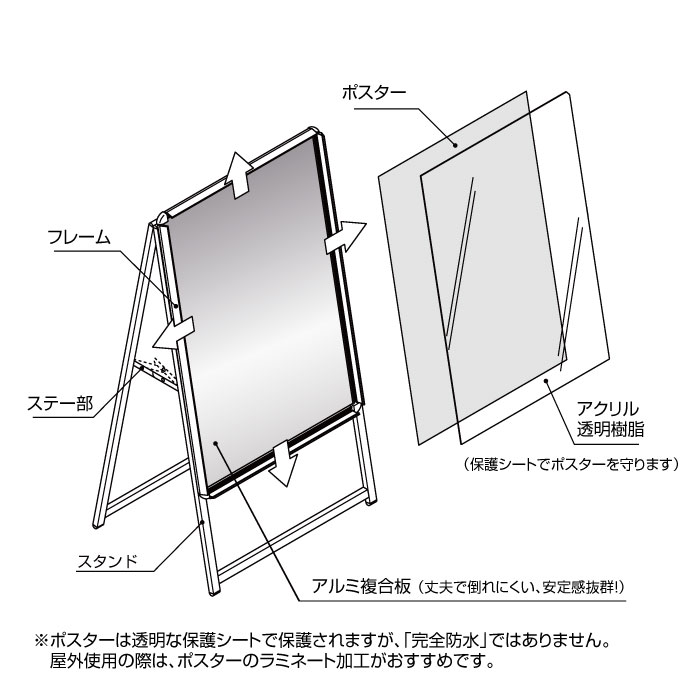 グリップ式A型看板 A1 片面 シルバー W644mmxH1400mm   （A1S-S）