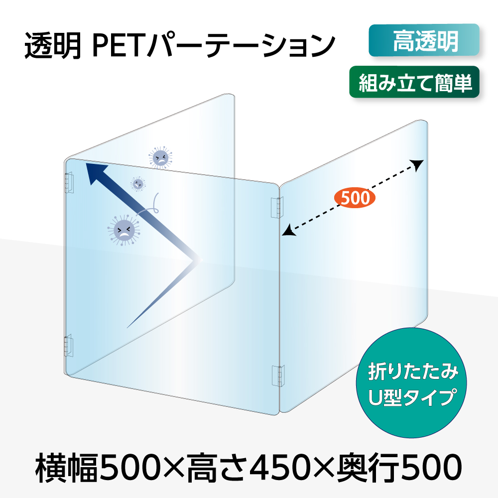 U字型 透明PETパーテーション 横幅500ｘ高さ450ｘ奥行500mm 板厚2mm 3面タイプ デスク用スクリーン 衝立 間仕切り（pet2-u5050）