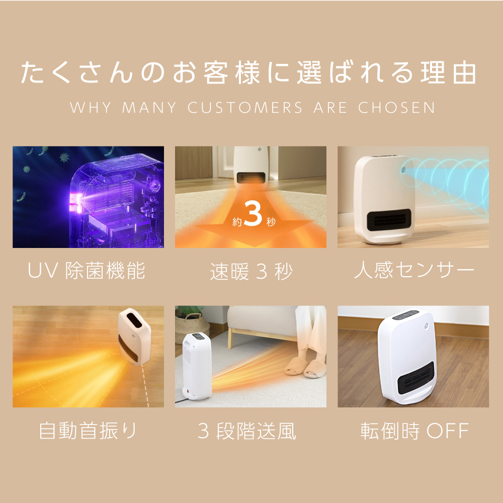【2023最新進化】セラミックヒーター 電気ファンヒーター【人感センサー付き